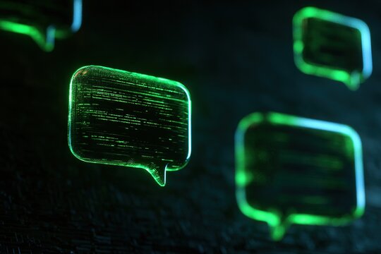 Abstract green chat bubble icons with digital data code for social media communication and messaging software interface.