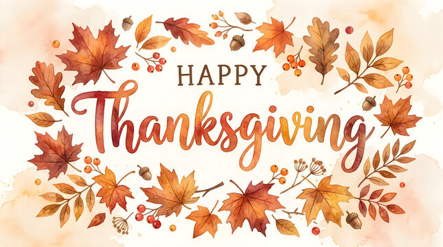 Watercolor illustration of a festive autumn wreath with colorful fall leaves and happy thanksgiving greeting text