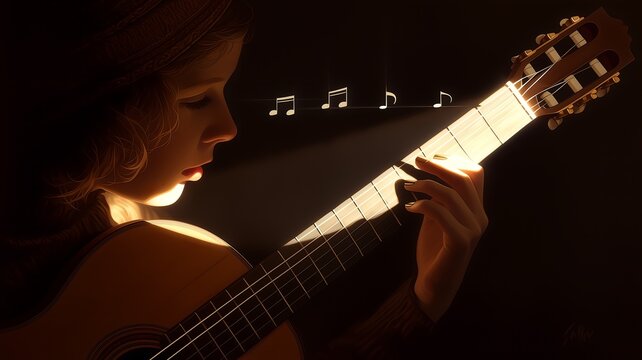 Young woman playing acoustic guitar with glowing music notes in dramatic dark lighting, perfect for country album covers, concert posters, and songwriter promos