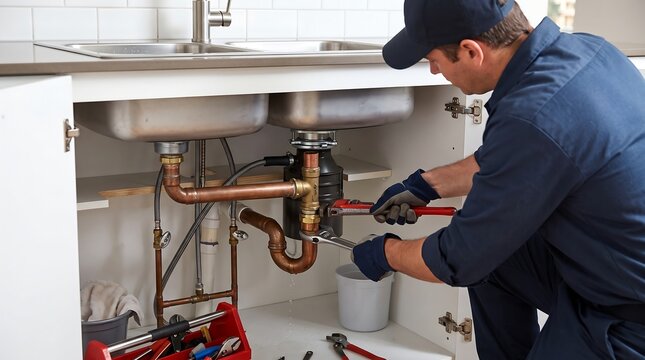 A plumber in uniform and cap kneels under a kitchen sink, expertly tightening pipes with wrenches, surrounded by tools and plumbing supplies, in a clear shot of a home repair.