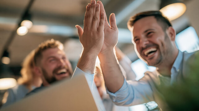 Happy men celebrating success with high five in modern office