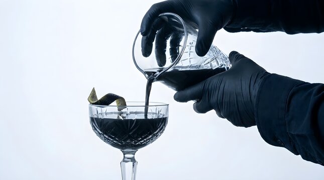 Professional bartender in black gloves pouring dark cocktail into crystal glass, elevated gothic minimalism style