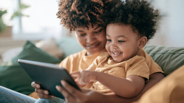 Happy mother and toddler boy using digital tablet together on sofa at home