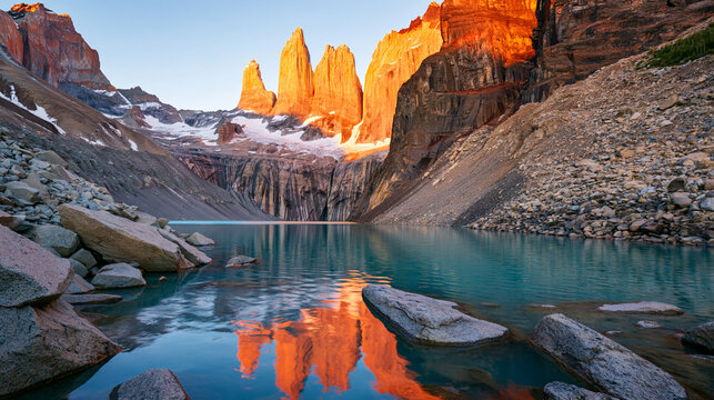 Sunrise at Torres del Paine: Jagged granite peaks of Torres del Paine National Park reflect in the calm.