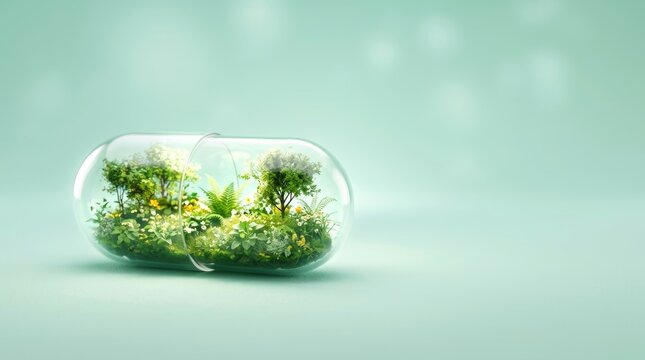 Glass capsule with green plants and trees inside. Natural herbal medicine and organic supplement concept. Eco friendly pharmacy and alternative healthcare treatment. Copy space.