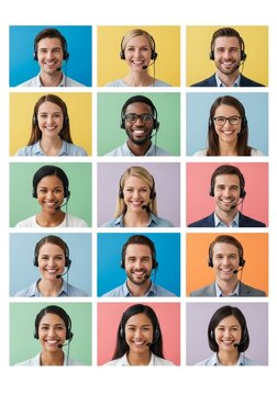 Vibrant grid showing diverse professional expressions, headsets, and warm smiles representing global help desks and unified remote teams, technology, friendly, corporate