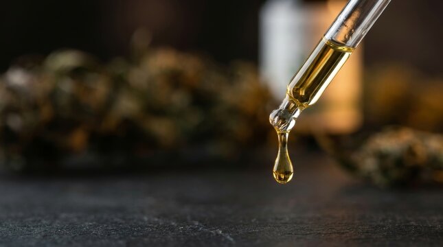 Dropper with drop of golden herbal oil on dark background. Essential oil and natural cosmetics ingredient. CBD oil and organic herbal extract for skincare and wellness.