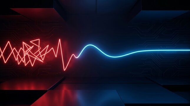 Red chaotic line turning into smooth blue wave on dark technology background. Chaos to calm concept. Problem solution, stress relief and data stabilization metaphor.