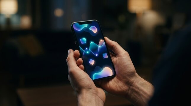 Man holding smartphone with colorful abstract data visualization on screen. Mobile app interface design and digital technology concept. Modern user experience in evening ambiance.