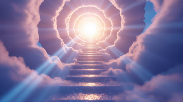 Heavenly stairway to divine light through fluffy clouds, spiritual path to paradise with bright sunbeams, ethereal gateway to afterlife in blue sky