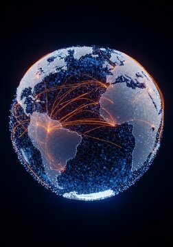 A futuristic digital globe featuring a hexagonal grid structure with sapphire blue oceans, matte grey continents, and glowing orange paths, information, infrastructure, globe