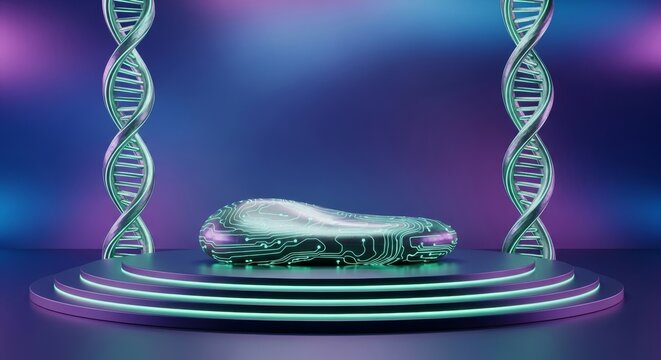 A futuristic keynote stage features glowing mint-green double helix pillars and organic platforms with integrated bio-circuitry details, dna, design, technology