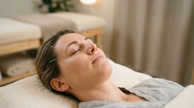 Woman lying with acupuncture needles on face in spa salon. Traditional chinese medicine treatment for relaxation and alternative therapy. Holistic wellness and healthcare concept.