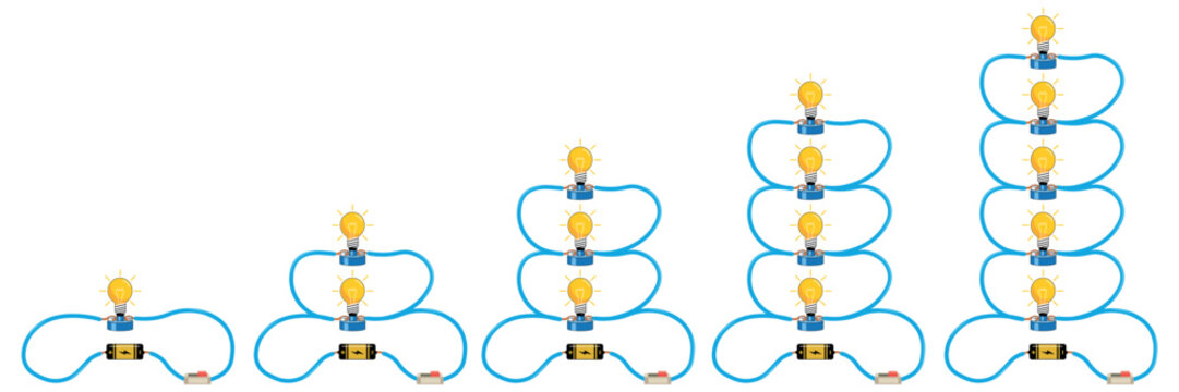 Lit Light Bulbs Connected in a Parallel Circuit With Battery and Switch Illustration