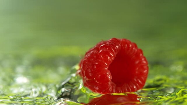 Super Slow Motion Shot of Fresh Raspberry Falling into Water and Making Splash at 1000fps.