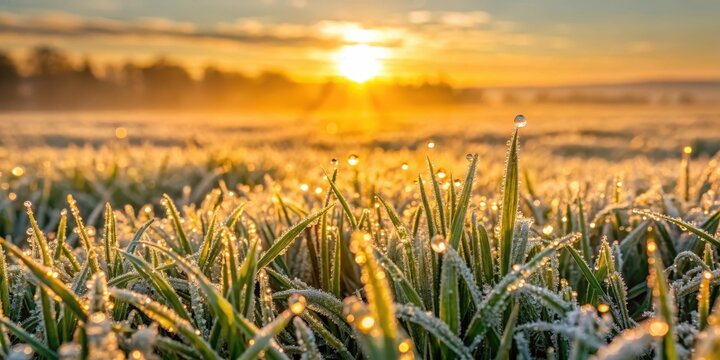 Winter wheat field covered with dew drops at sunrise, dew drops