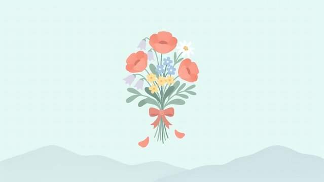 A flat vector illustration of a colorful floral bouquet tied with a red ribbon bow with bouquet various wildflowers