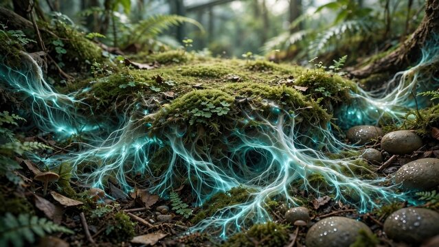 Bioluminescent Energy Traces on Mossy Forest Floor