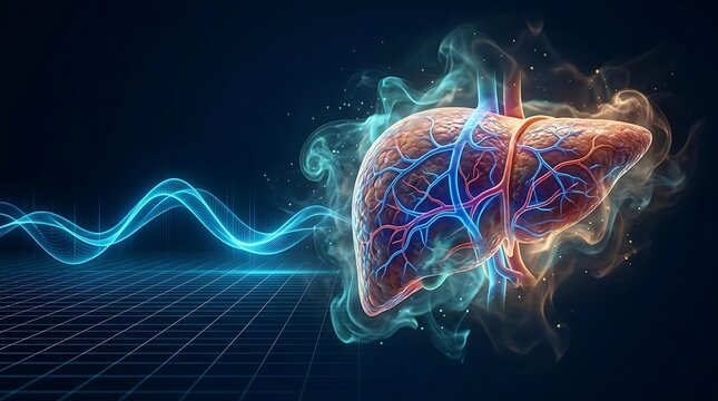Human liver organ with glowing blue energy waves