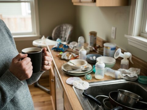 Tired woman holding cup of coffee in messy kitchen with dirty dishes and baby bottles. Motherhood exhaustion and parenting struggles concept. Morning routine of mom with infant
