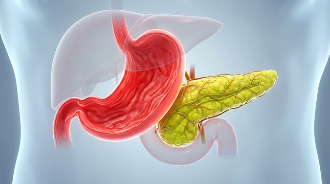 Human stomach and pancreas anatomical illustration