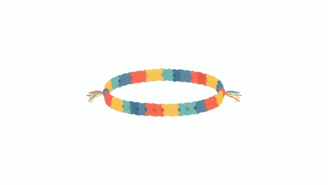 A colorful woven friendship bracelet with a simple pattern isolated against a plain white background with colorful threads arranged