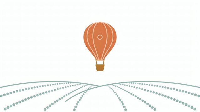 A minimalist flat vector illustration of an orange hot air balloon flying over dotted hills with stylized landscape curved