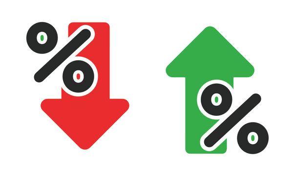 Percentage Up and Down Icons. Red downward arrow with percentage symbol and green upward arrow with percentage symbol represent financial or economic fluctuations.