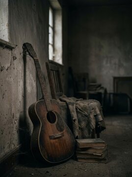 Abandoned acoustic guitar leaning against a distressed wall in a forgotten, dusty room with old books and a tattered blanket