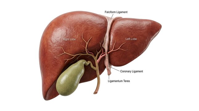 Anatomical human liver and gallbladder with transparent background