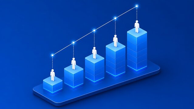Isometric 3D Blue Bar Chart Showing Employee Career Progression and Upward Growth