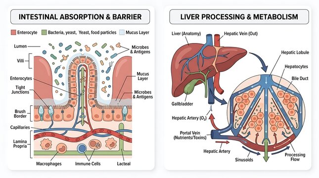 Medical illustration of intestinal absorption and liver metabolism