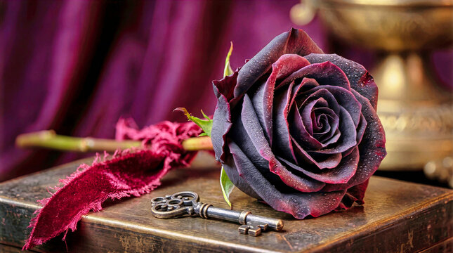Dark velvet black rose covered in water dewdrops lying on wooden surface with antique brass skeleton key and crimson ribbon. Gothic still life composition for spooky halloween decorative theme