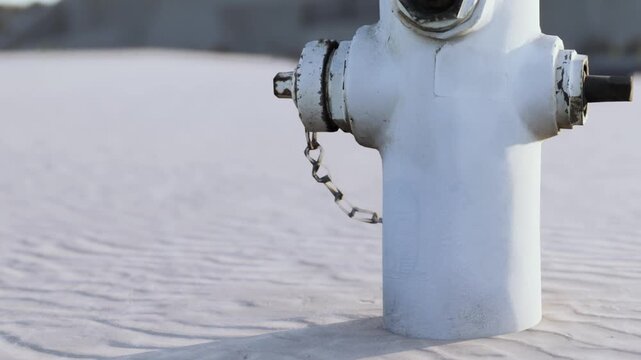 Amidst a vast sandy expanse, a striking white fire hydrant stands firm, gently reflecting the vibrant sunlight. The scene captures a sense of solitude and resilience in a serene environment.