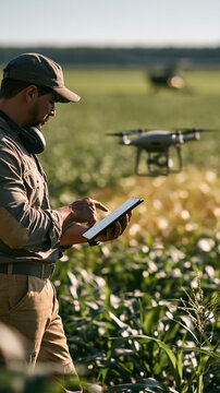 Farmer Utilizing Drone Technology in Agriculture: A farmer in a field uses a tablet to control a drone, showcasing modern agricultural practices and technological advancement.
