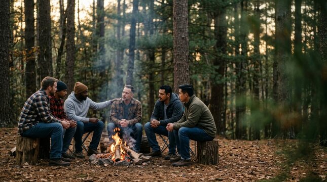Group of diverse men talking around campfire in forest. Friends supporting each other during camping trip. Male friendship, trust and mental health support concept.
