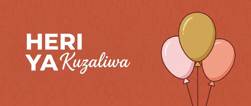 Swahili Happy Birthday Greeting Banner featuring party balloons on terracotta background, festive African celebration card design, Heri ya Kuzaliwa typography vector illustration template.
