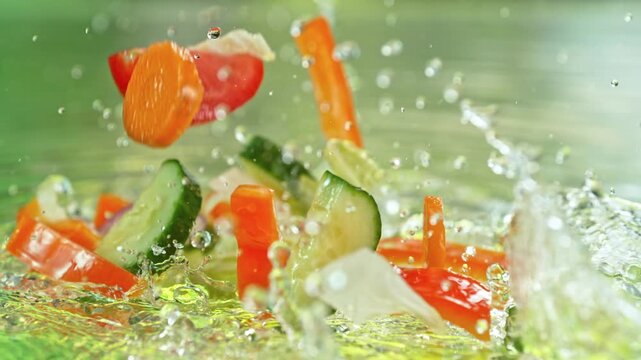 Super Slow Motion Shot of Salad Vegetable Falling into Water and Making Splash at 1000fps.