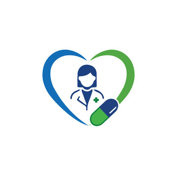 Pharmacist healthcare heart logo with female medical professional and capsule