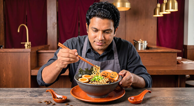 Man eating Halloween themed ramen noodle soup with wooden chopsticks at a Japanese restaurant counter. Male enjoying a dark broth bowl decorated with carved jack-o'-lantern pumpkins and nori bats
