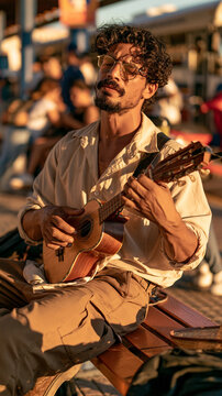 Street Musician's Serenade: A bohemian man with curly hair and a mustache plays a small guitar, eyes closed in concentration.
