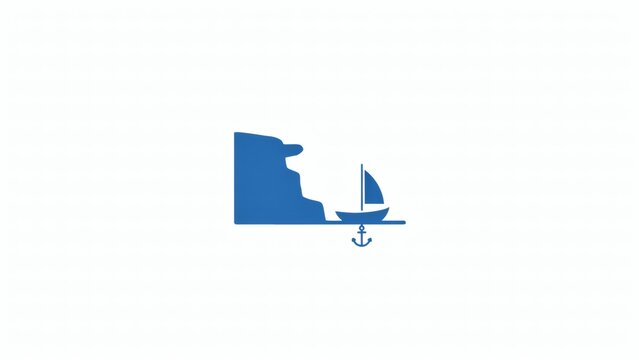 Blue sailboat with anchor near cliff on white background with cliff against minimalist transport adventure