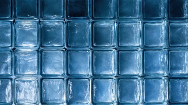 Blue glass bricks are arranged in a grid, glowing softly under backlighting in a retro-modern setting. The space is bright and inviting.