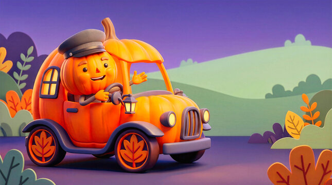 Cute anthropomorphic pumpkin character wearing driver cap driving orange pumpkin car and waving. Halloween countryside landscape at night with rolling hills background and copy space