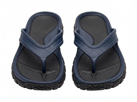 Pair of Dark Blue Flip Flops with Black Soles and Textured Tread Isolated on White Background