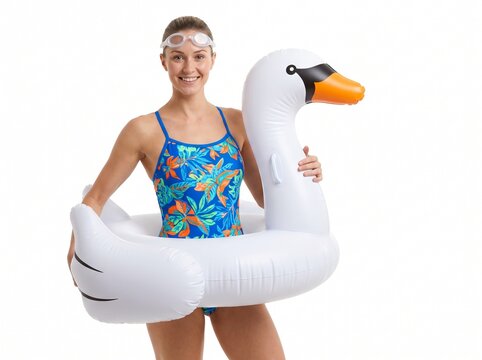 Smiling woman in tropical swimsuit and goggles holds a large inflatable white swan float on a white background