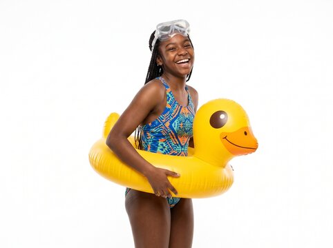 Joyful young Black girl in swimsuit and goggles holding a yellow duck inflatable ring against a white background