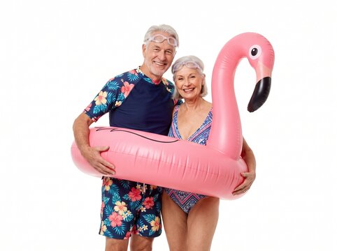 Happy Senior Couple Embracing Summer Fun With Pink Flamingo Pool Float And Goggles Isolated on White Background