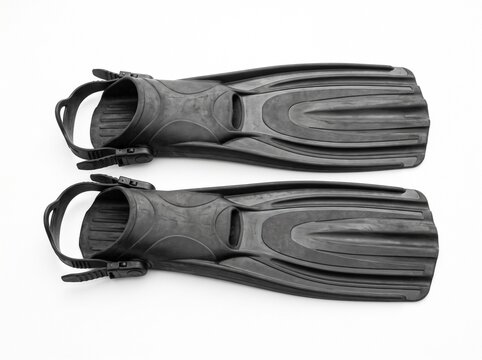 Pair of Black Scuba Diving Fins with Adjustable Straps on a White Background