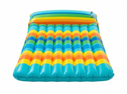 Vibrant Rainbow Striped Inflatable Pool Float Mattress with Pillow Top Isolated on White Background